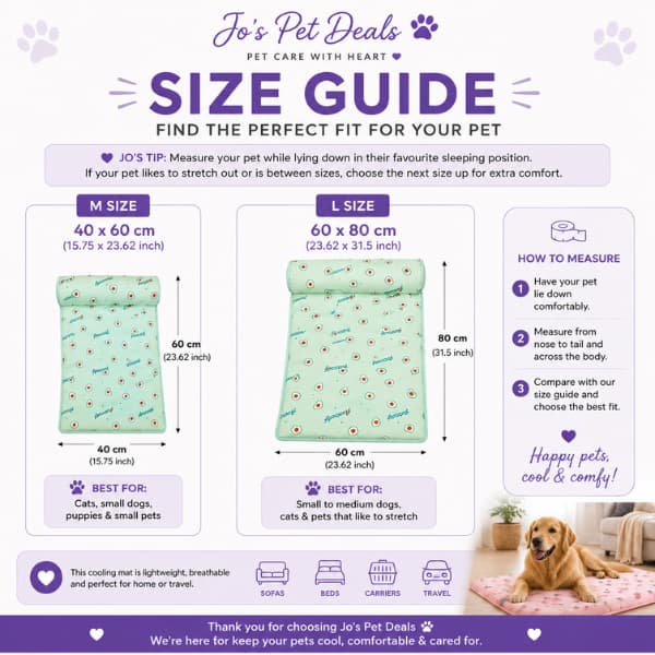 Summer cooling pet mat size guide showing medium and large washable cooling mats with supportive headrest for dogs and cats