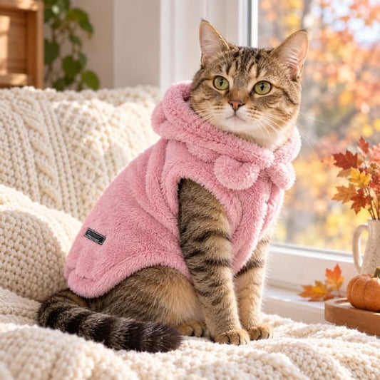 Tabby cat wearing a pink cosy fleece pet hoodie beside an autumn window