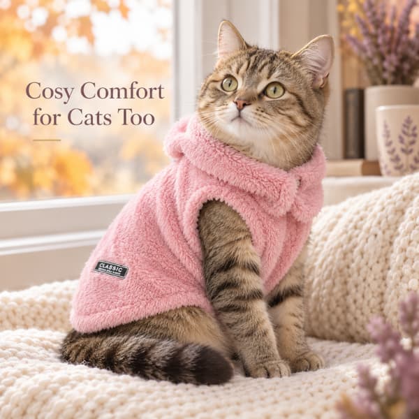 Tabby cat wearing a pink cosy fleece pet hoodie beside a window on a crisp autumn morning