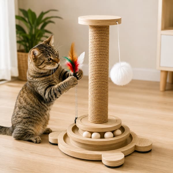 Tabby cat playing with a wooden cat turntable toy featuring a sisal scratching post, rolling balls, hanging pom-pom and feather toy in a cosy indoor home.