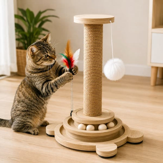 Tabby cat playing with a wooden cat turntable toy featuring a sisal scratching post, rolling balls, hanging pom-pom and feather toy in a cosy indoor home.