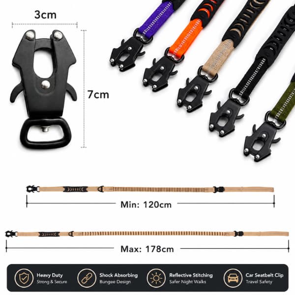 Reflective tactical bungee dog leash size guide showing adjustable leash length heavy duty clip shock absorbing design and car seatbelt attachment