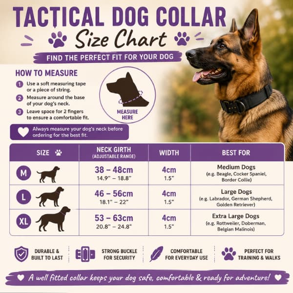 Tactical dog collar size chart showing neck measurements sizing guide and recommended fit for medium large and extra large dogs