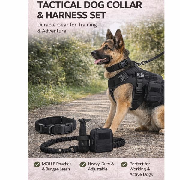 tactical dog harness and collar set on German shepherd with leash and pouches