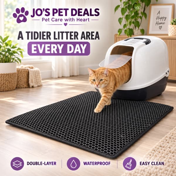 Ginger tabby cat stepping from a litter box onto a black double-layer honeycomb litter mat
