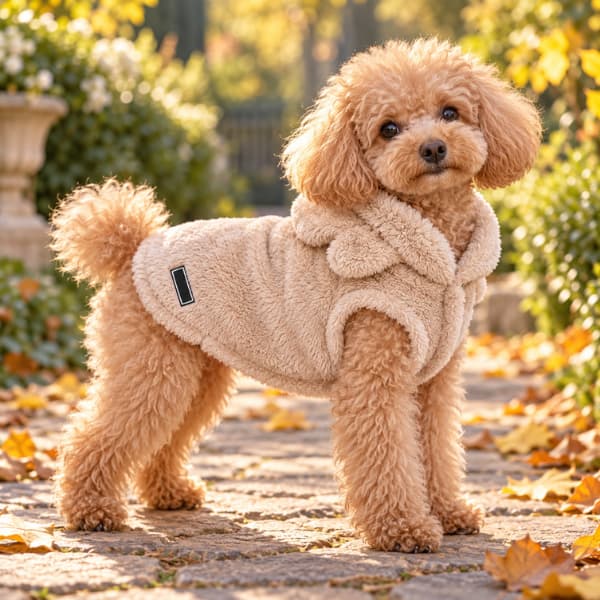 Apricot toy poodle wearing a beige cosy fleece pet hoodie on an autumn garden path