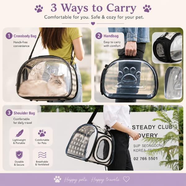 Transparent foldable pet travel carrier showing crossbody, handbag and shoulder bag carrying options for cats and small dogs