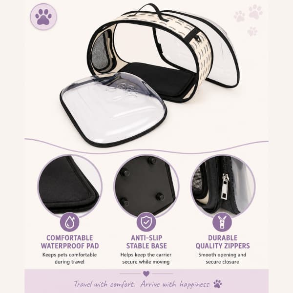 Transparent foldable pet travel carrier showing waterproof pad, anti-slip stable base and durable quality zippers for cats and small dogs