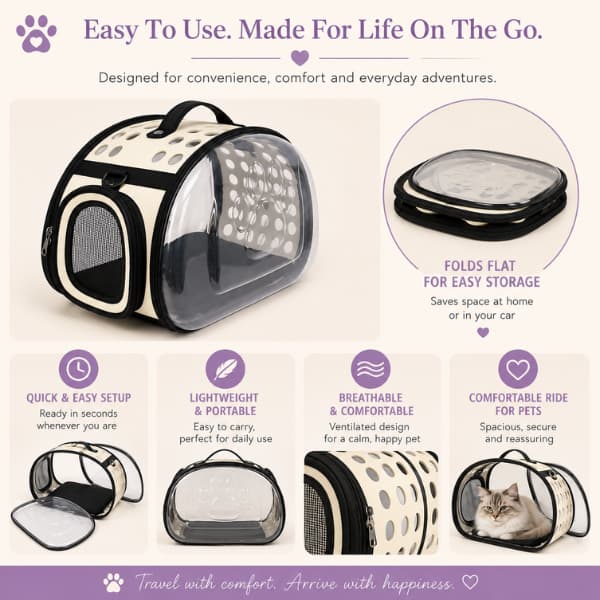 Transparent foldable pet travel carrier showing easy setup, foldable storage, breathable design and comfortable travel features for cats and small dogs