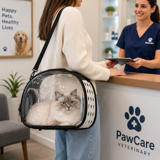Cat travelling comfortably in a transparent pet carrier during a veterinary clinic visit with pet owner