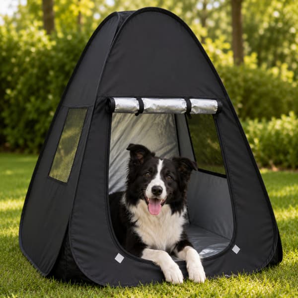 Border Collie relaxing inside a triangular portable pet shade tent in a sunny garden, providing shade and a comfortable outdoor shelter during warm summer weather.