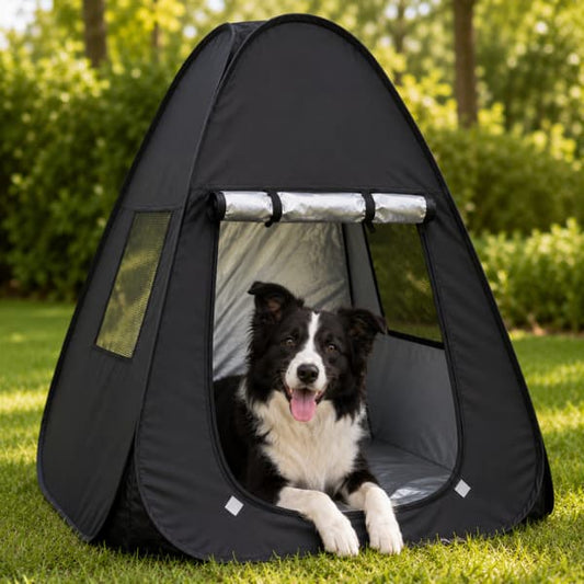 Border Collie relaxing inside a triangular portable pet shade tent in a sunny garden, providing shade and a comfortable outdoor shelter during warm summer weather.