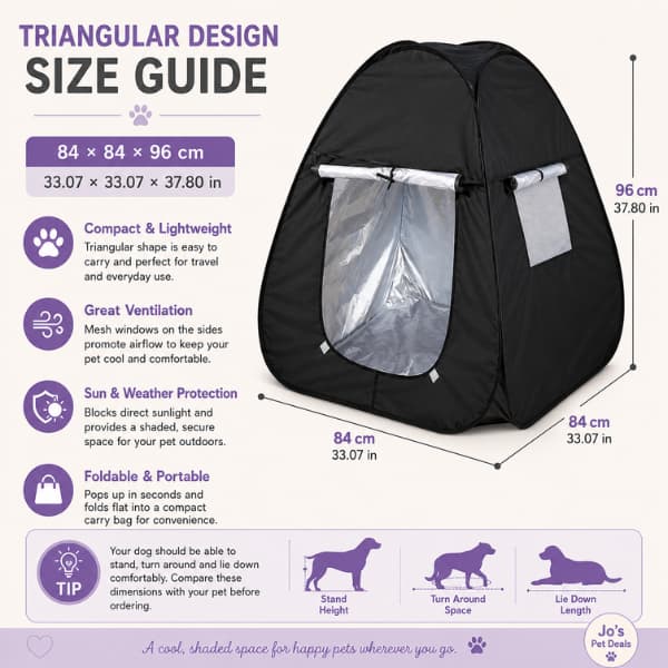 Triangular portable pet shade tent size guide showing dimensions, lightweight foldable design, ventilation features and recommended fit for dogs during outdoor summer adventures.