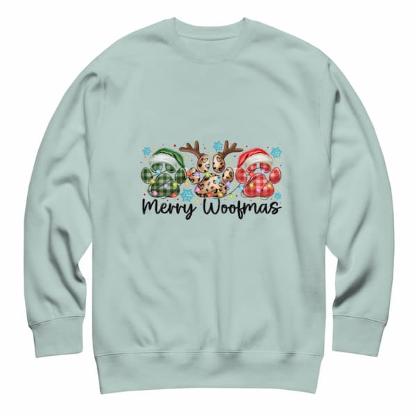 Light blue sweatshirt with Christmas-themed design featuring dogs and reindeer on a white background