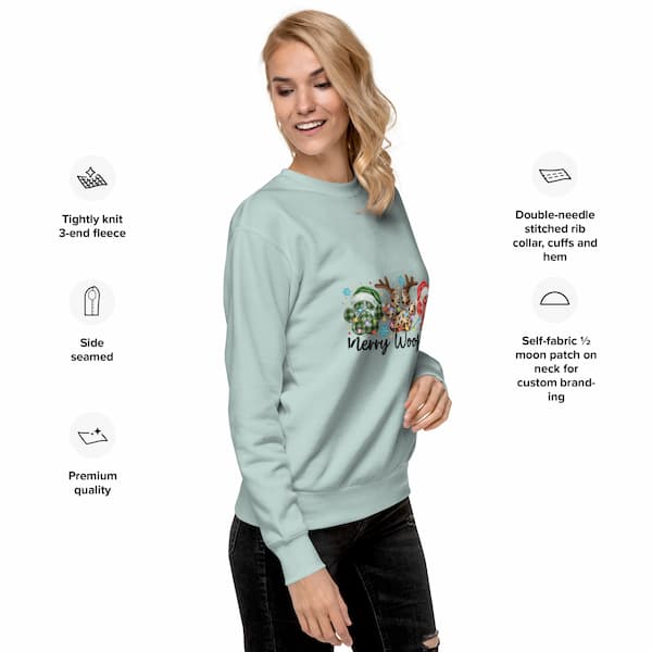 Woman wearing a light blue sweatshirt with festive design, surrounded by text about sweatshirt features.