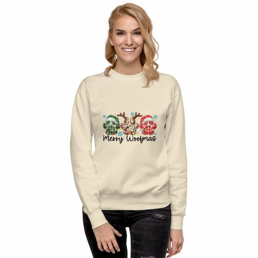 Merry Woofmas Christmas sweatshirt for dog lovers with festive paw print design and cozy fleece fabric.