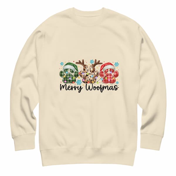 Beige sweatshirt with Christmas-themed design featuring reindeer, Santa hat, and text 'Merry Woofmas' on a white background.