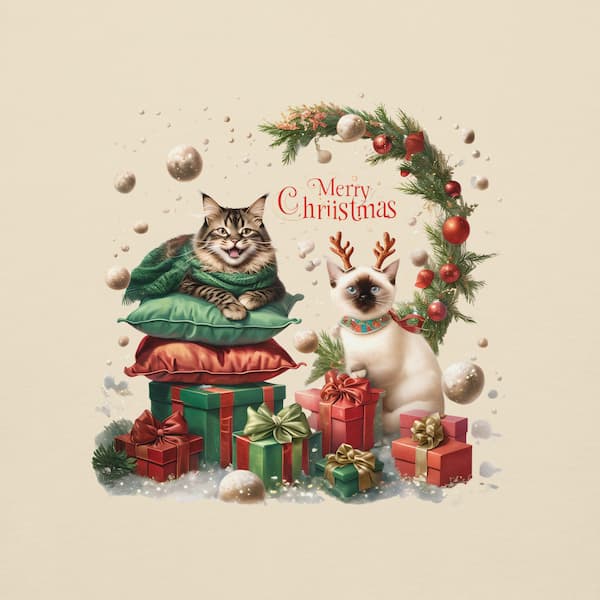 Two cats in festive attire with Christmas decorations and 'Merry Christmas' text on a beige background.