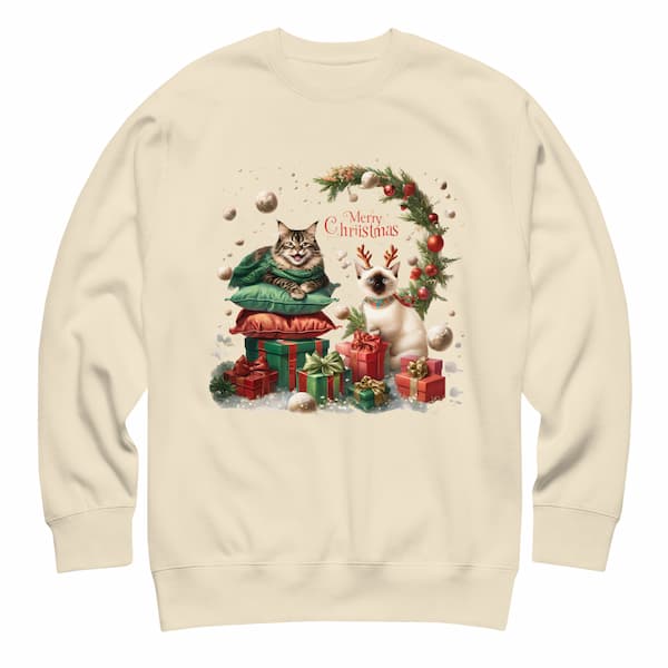 Beige sweatshirt with Christmas-themed design featuring cats and wreath on a white background