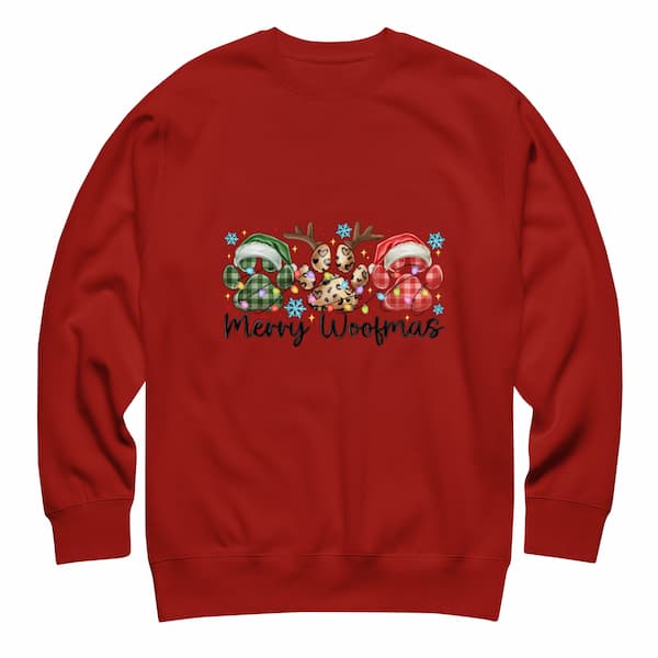 Red sweatshirt with Christmas-themed design and 'Merry Woofmas' text on a white background