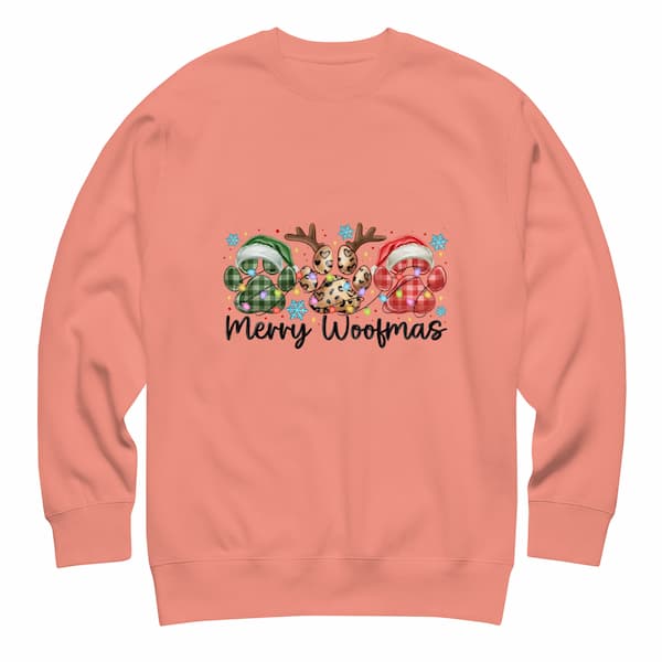 Merry Woofmas Christmas sweatshirt for dog lovers with festive paw print design and cozy fleece fabric.