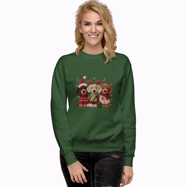 Woman wearing a green sweatshirt with a Christmas-themed design of dogs.