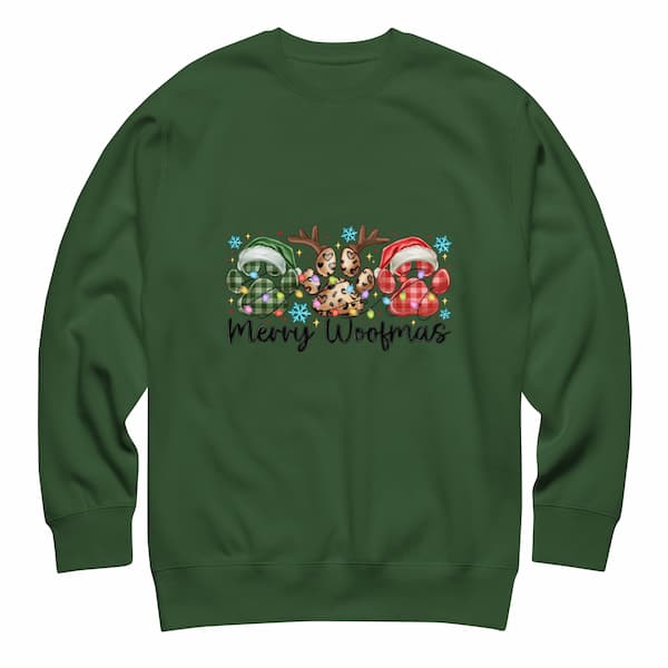 Green sweatshirt with Christmas-themed design and 'Merry Woofmas' text on a white background