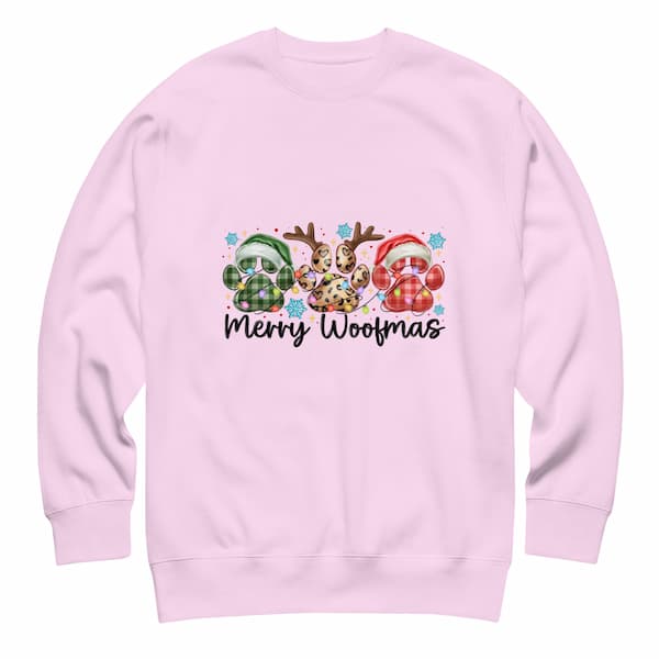 Pink sweatshirt with Christmas-themed design and 'Merry Woofmas' text on a white background
