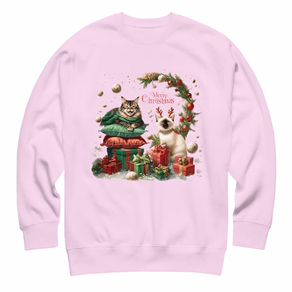 Pink sweatshirt with Christmas-themed design featuring two cats and a wreath on a white background