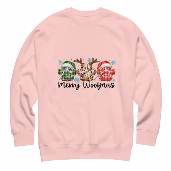 Merry Woofmas Christmas sweatshirt for dog lovers with festive paw print design and cozy fleece fabric.