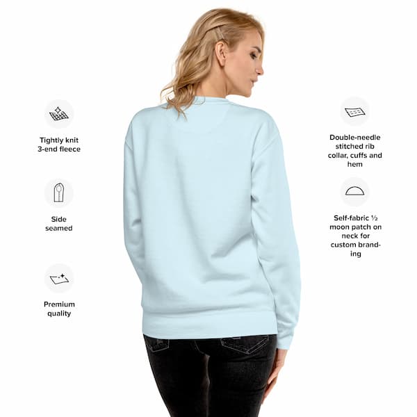 Light blue sweatshirt with text detailing features on a white background