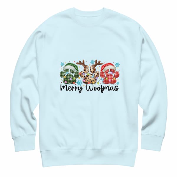 Light blue sweatshirt with Christmas-themed design featuring dogs, reindeer, and Santa Claus on a white background.