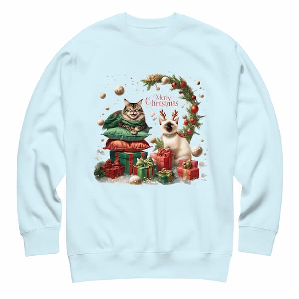 Light blue sweatshirt with Christmas-themed design featuring two cats and a wreath.