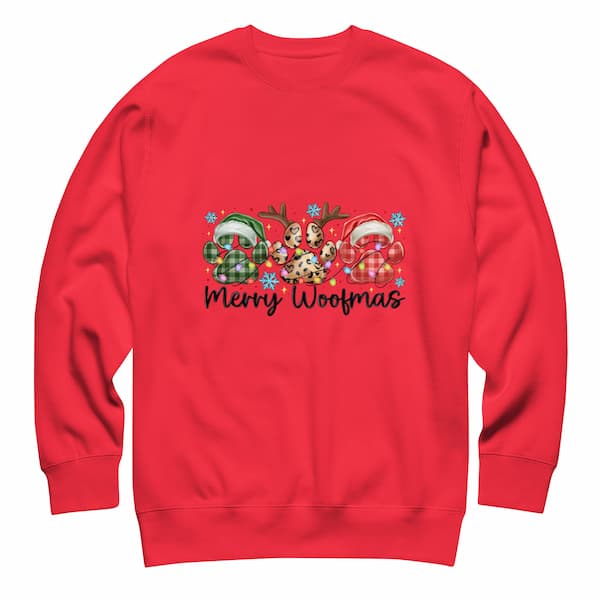 Red sweatshirt with Christmas-themed design and 'Merry Woofmas' text on a white background