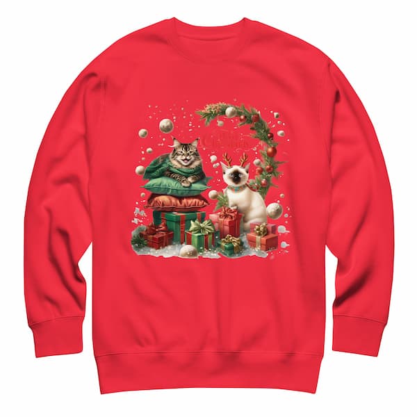 Red sweatshirt with Christmas-themed design featuring two cats and presents on a white background
