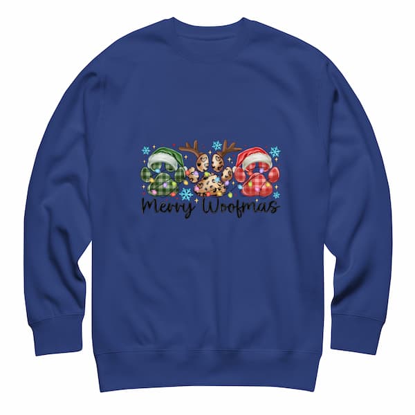 Blue sweatshirt with Christmas-themed design featuring dogs and 'Merry Woofmas' text on a white background.