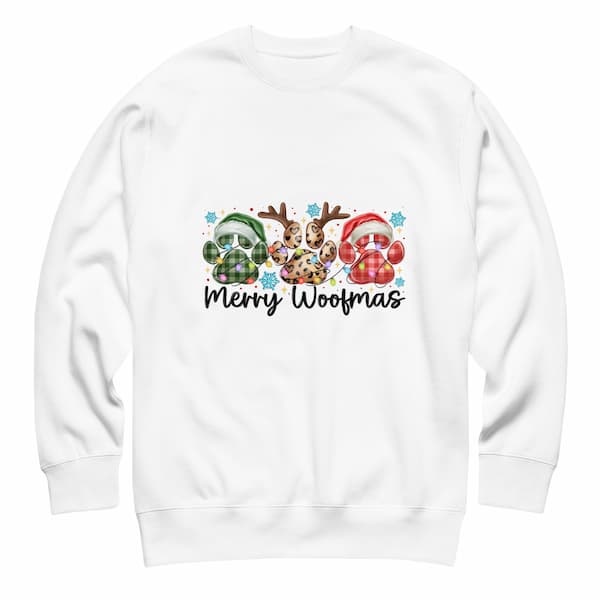 White sweatshirt with Christmas-themed design featuring dogs, reindeer, and Santa Claus on a white background.