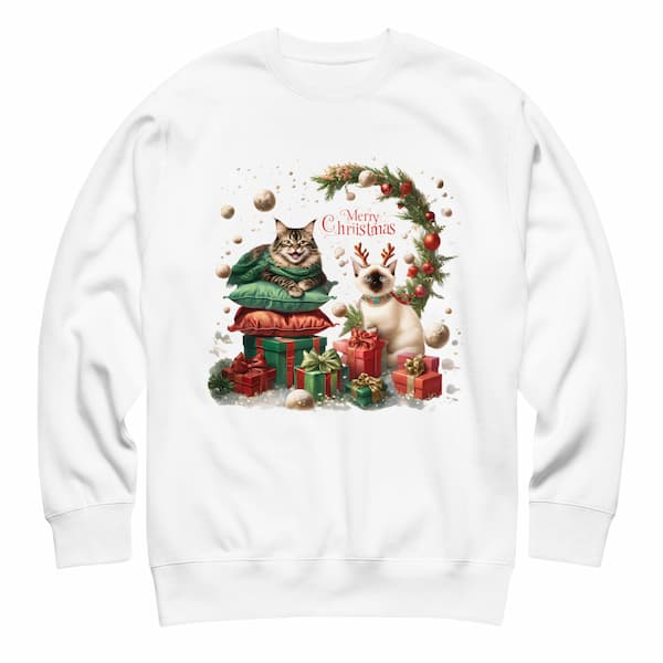 White sweatshirt with Christmas-themed design featuring two cats and festive elements on a white background.