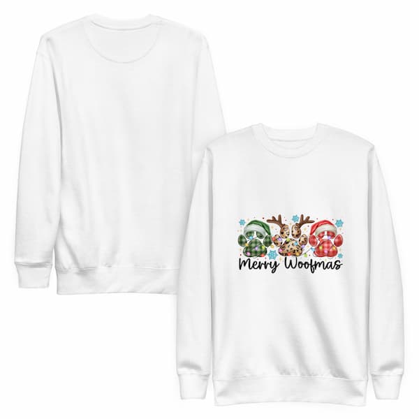 White sweatshirt with Christmas-themed design and 'Merry Woofmas' text on a white background