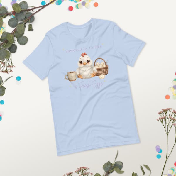 Powered by Coffee and Fresh Eggs chicken lover t-shirt flat lay with cute chicken illustration
