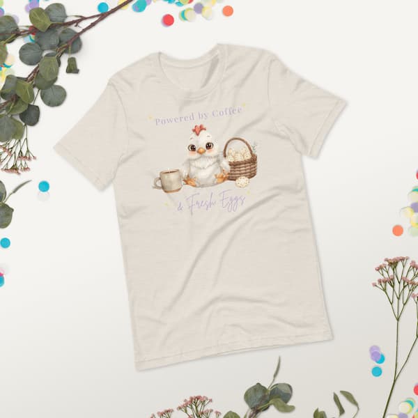 Powered by Coffee and Fresh Eggs chicken lover t-shirt flat lay with cute chicken illustration