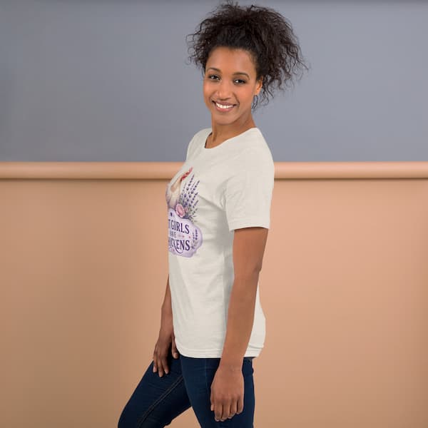 Lavender Hot Girls Have Chickens design printed on a White coloured unisex t-shirt for chicken lovers and backyard chicken keepers.