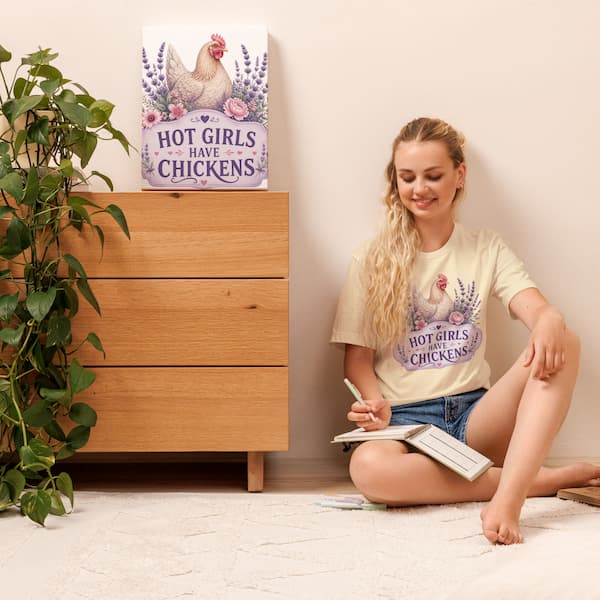 Lavender Hot Girls Have Chickens design printed on a natural coloured unisex t-shirt for chicken lovers and backyard chicken keepers.