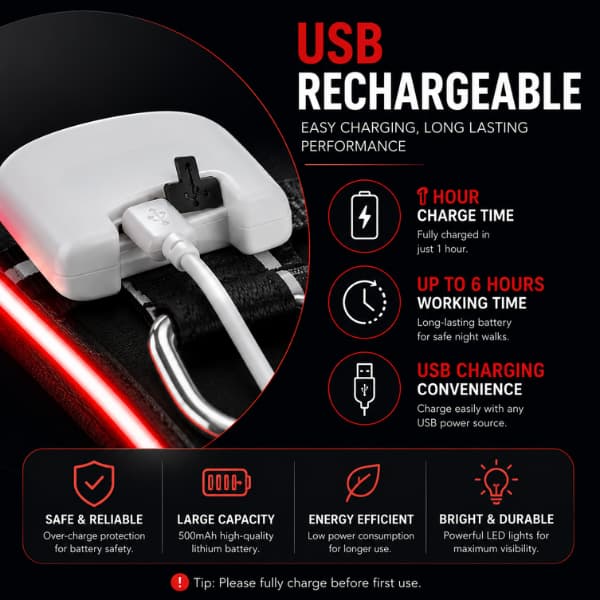 USB rechargeable LED dog harness showing charging port and long-lasting battery features for nighttime dog safety