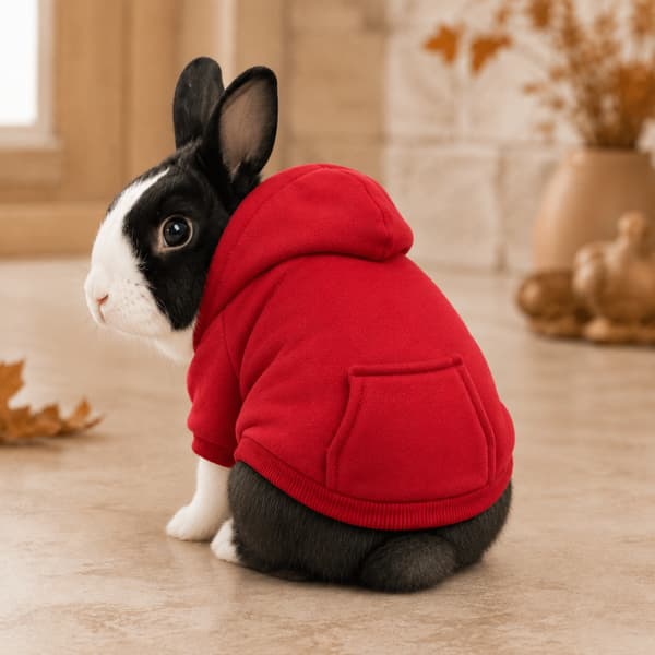Black and white rabbit wearing a red polyester fleece hoodie with a stitched back pocket