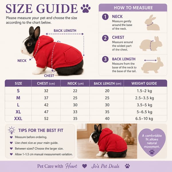 Warm rabbit hoodie size guide with chest, neck, back length and weight measurements from S to XXL