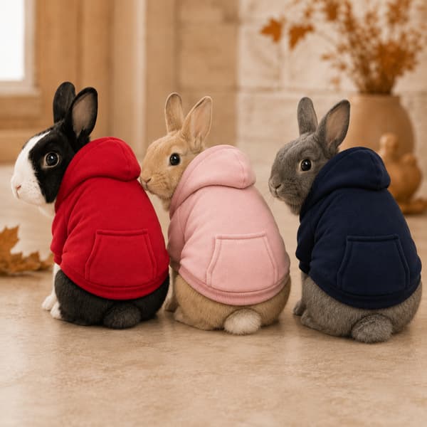 Three rabbits wearing warm fleece hoodies in red, pink and dark blue with rear kangaroo pockets