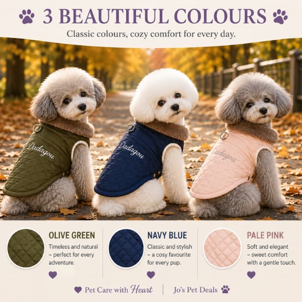Warm winter dog coats for small dogs in olive green, navy blue and pale pink with plush collars