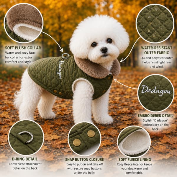 Green quilted winter dog coat showing plush collar, fleece lining, snap fasteners and D-ring detail