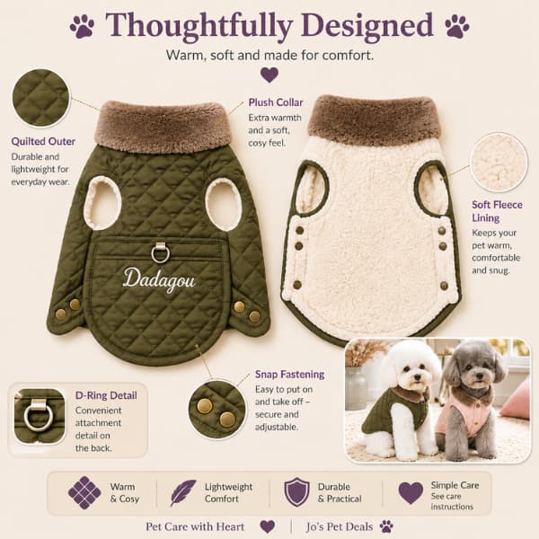 Green quilted winter dog coat showing soft fleece lining, plush collar and snap fastening details